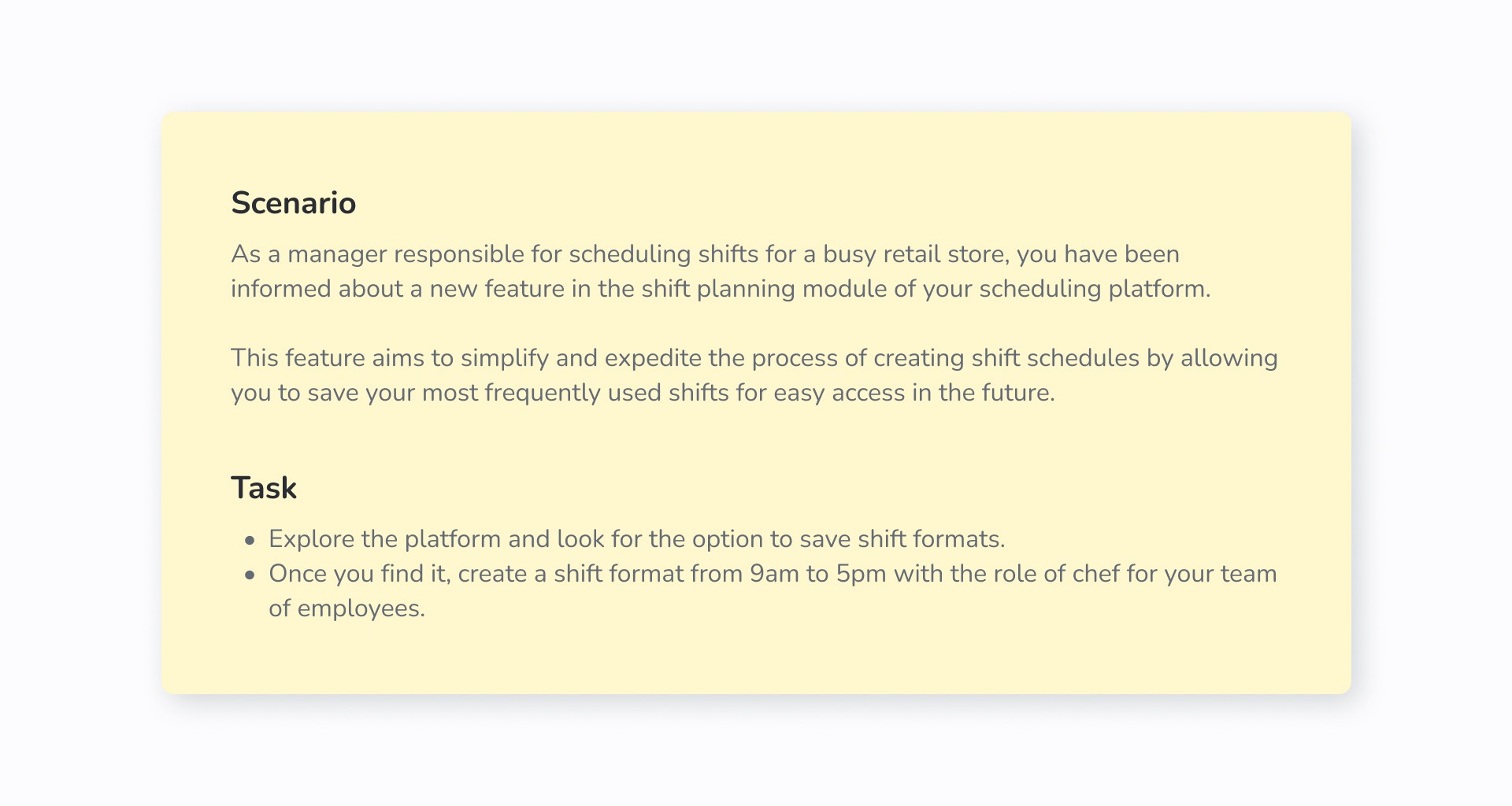 Scenario and task example for the user testing session