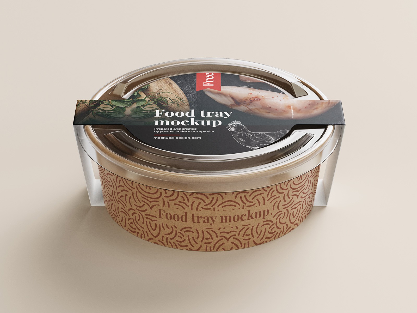 Round cardboard food tray with a clear lid, featuring a black sleeve labeled "Food tray mockup." The design is earthy and modern.