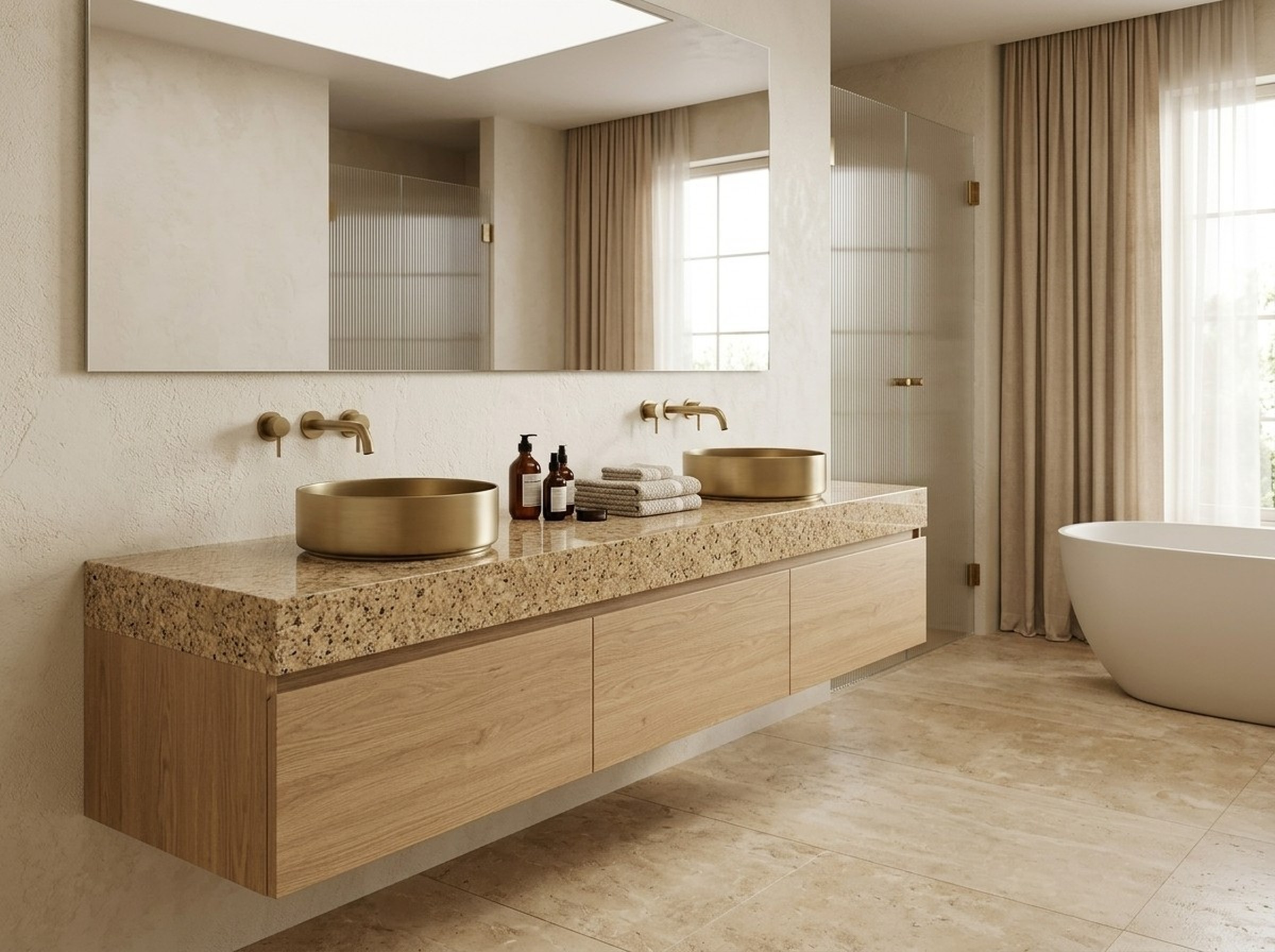 Bathroom vanity top in Golden Leaf Polished granite with warm golden tones above timber cabinetry