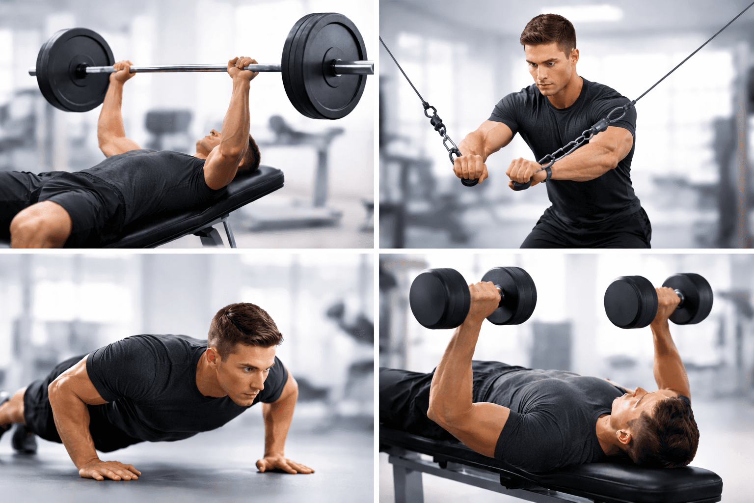 A four-image collage of a man performing chest exercises in a gym, including barbell bench press, cable crossovers, push-ups, and dumbbell chest press.