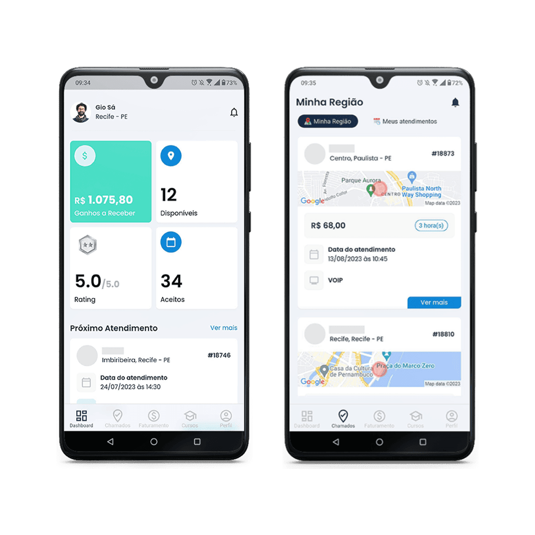 Interface mobile do app FindUP utilizado pela rede de técnicos, mostrando o controle de faturamento, histórico de chamados aceitos e monitoramento de região em tempo real