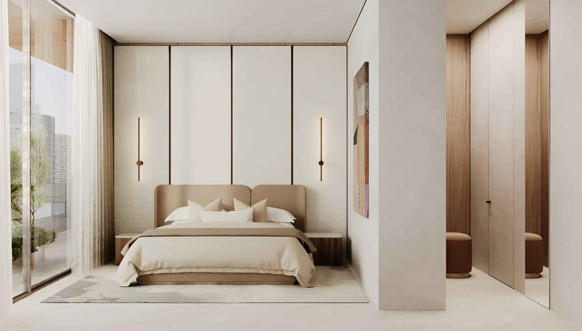Modern bedroom featuring a bed and a large window, designed in the Helvetia Verde style.