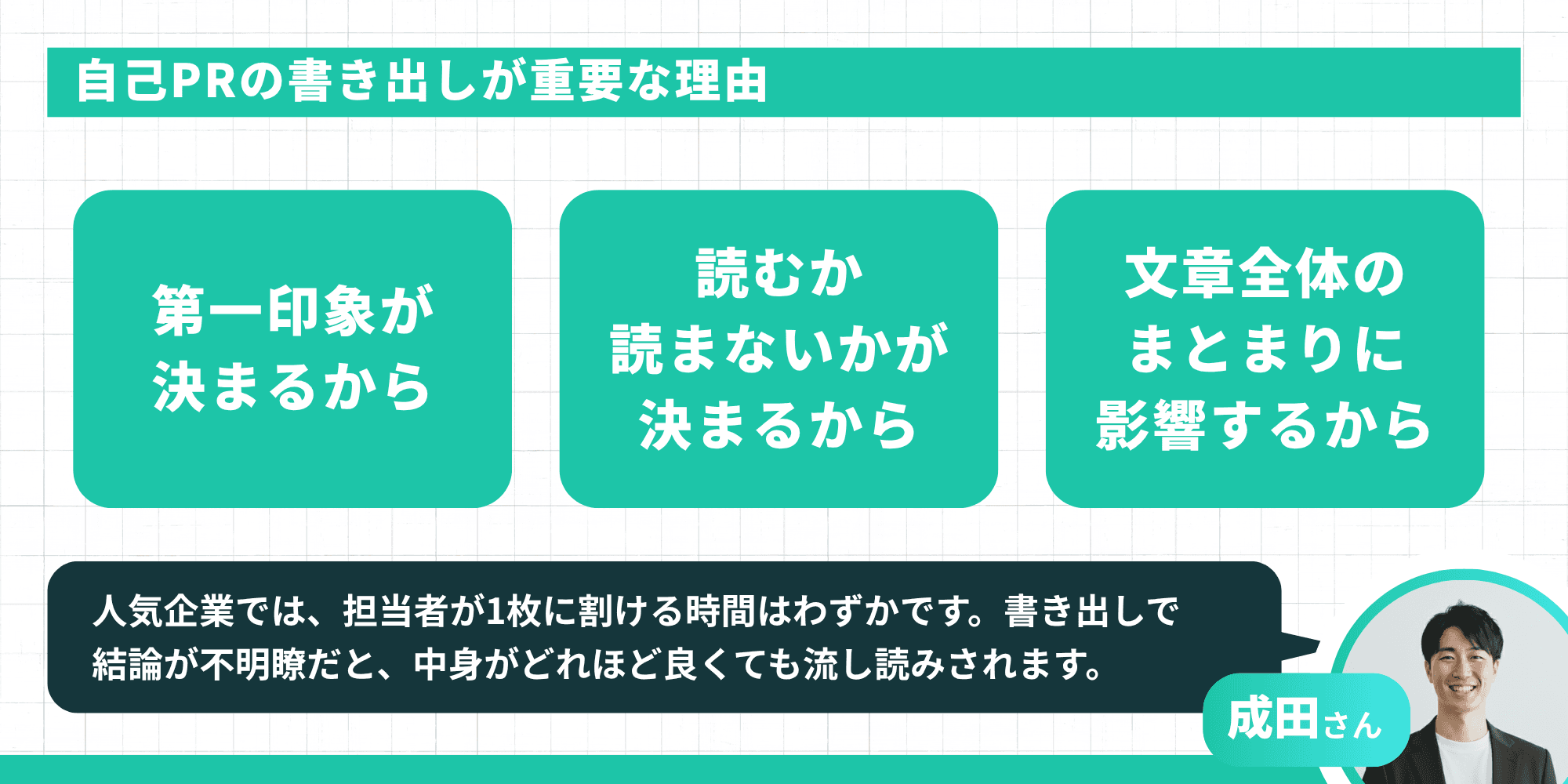 自己PRの書き出しが重要な3つの理由（第一印象が決まる・読むか読まないかが決まる・文章全体のまとまりに影響する）と成田さんのコメント