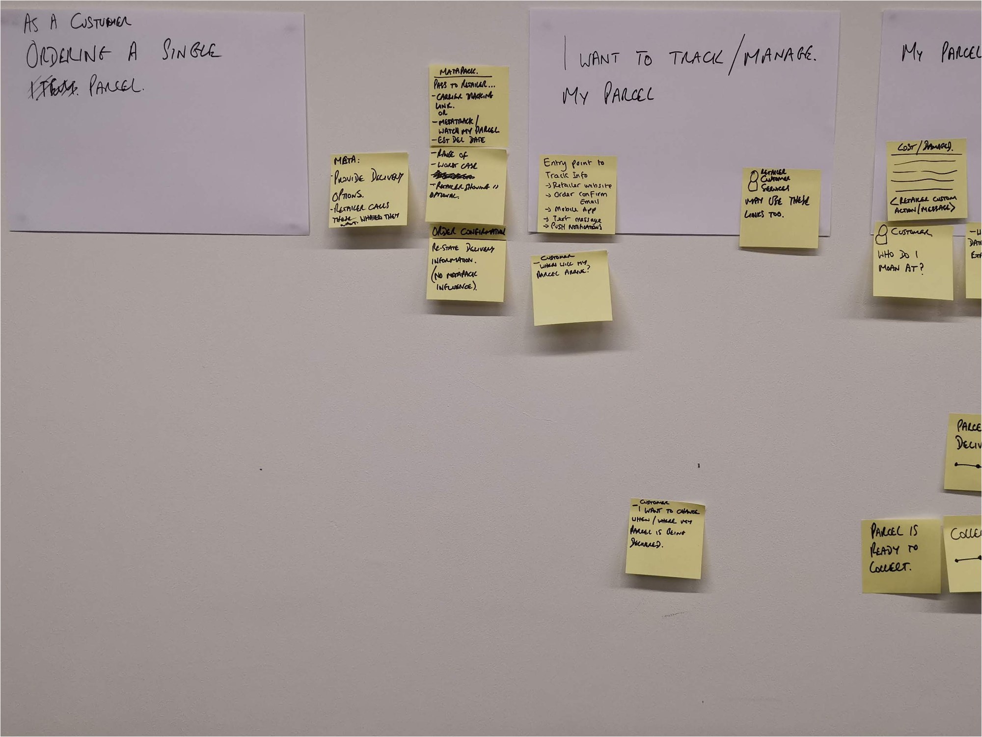A wall of handwritten cards and sticky notes from a workshop, setting out what a customer wants when ordering a single parcel and when tracking or managing it.
