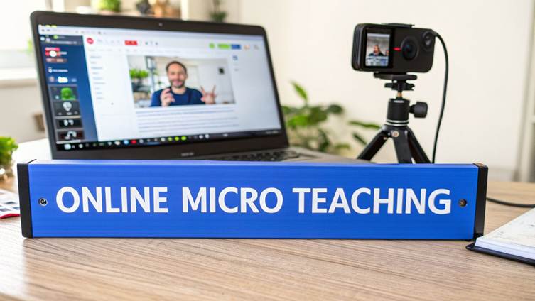 A desk setup for online micro teaching with a blue sign, laptop, and camera.