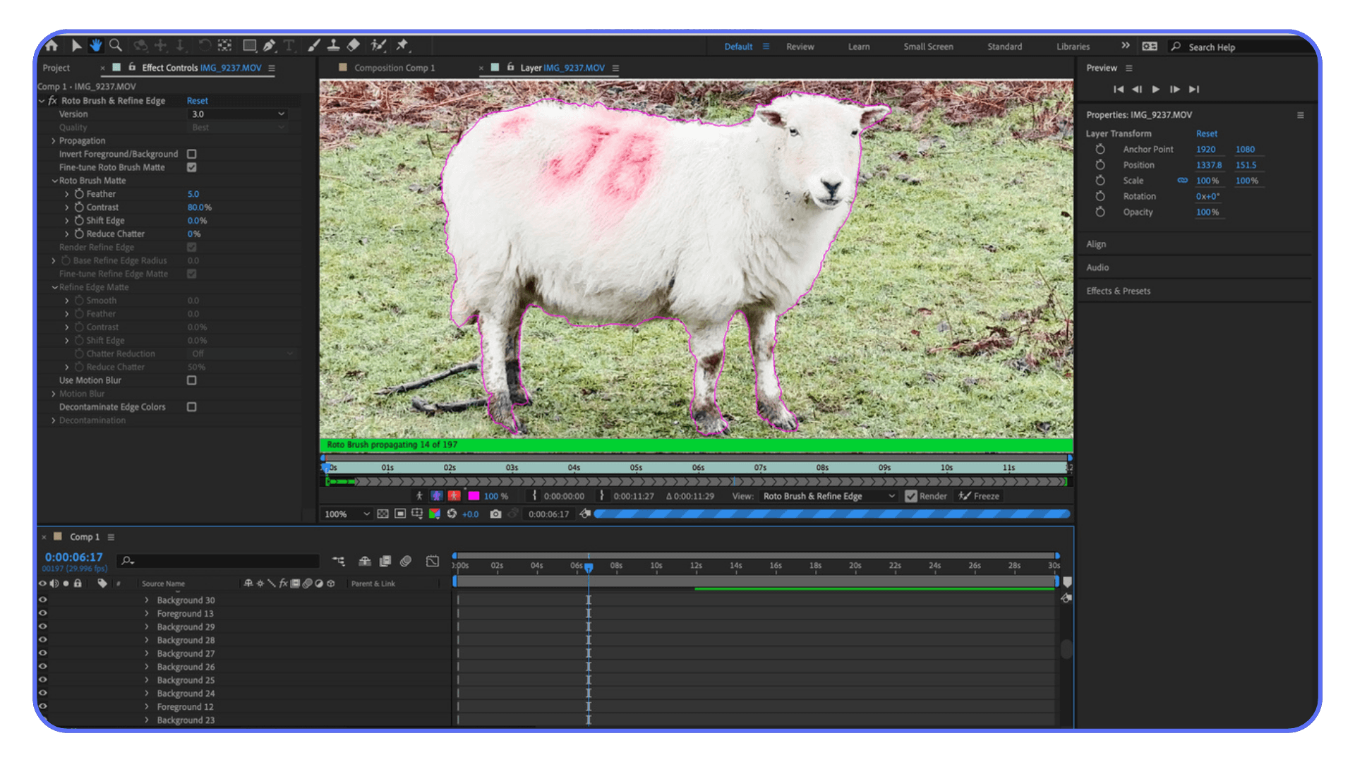 Using Roto Brush in After Effects to isolate a subject from the background in the composition panel