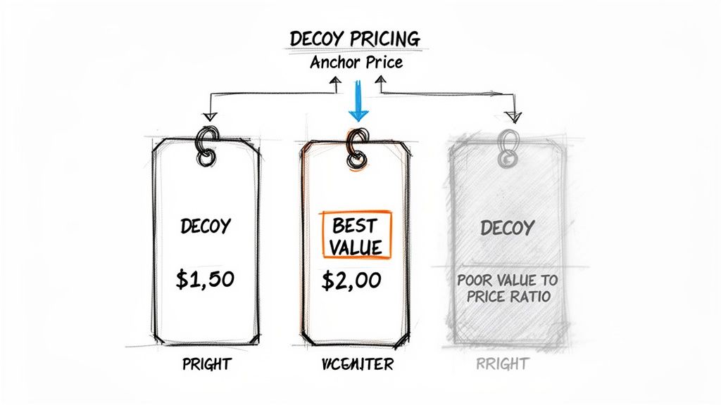 Decoy pricing diagram showing three price tags: a $1.50 decoy, a $2.00 best value, and a poor value option.