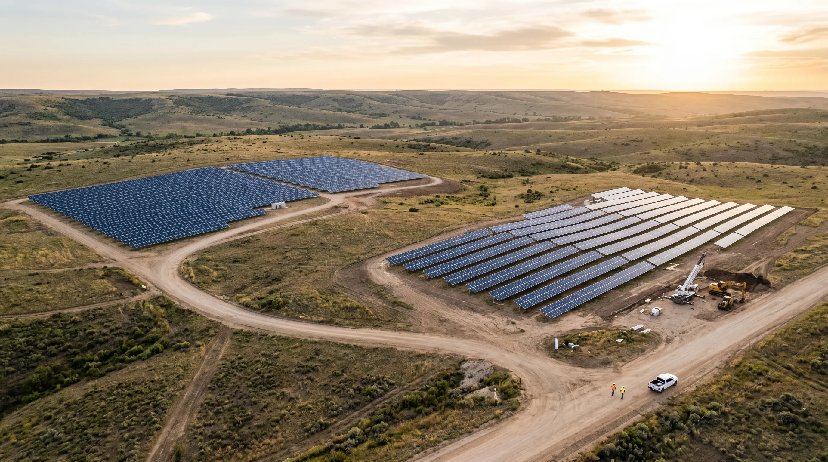 Aerial view of a large solar farm spread across rolling hills at sunset, with rows of solar panels and construction equipment visible on a dirt road.