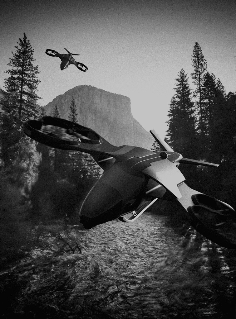 3D rendering of the autonomous firefighting drone, a sleek aerial vehicle designed for rapid detection and response during wildfires.