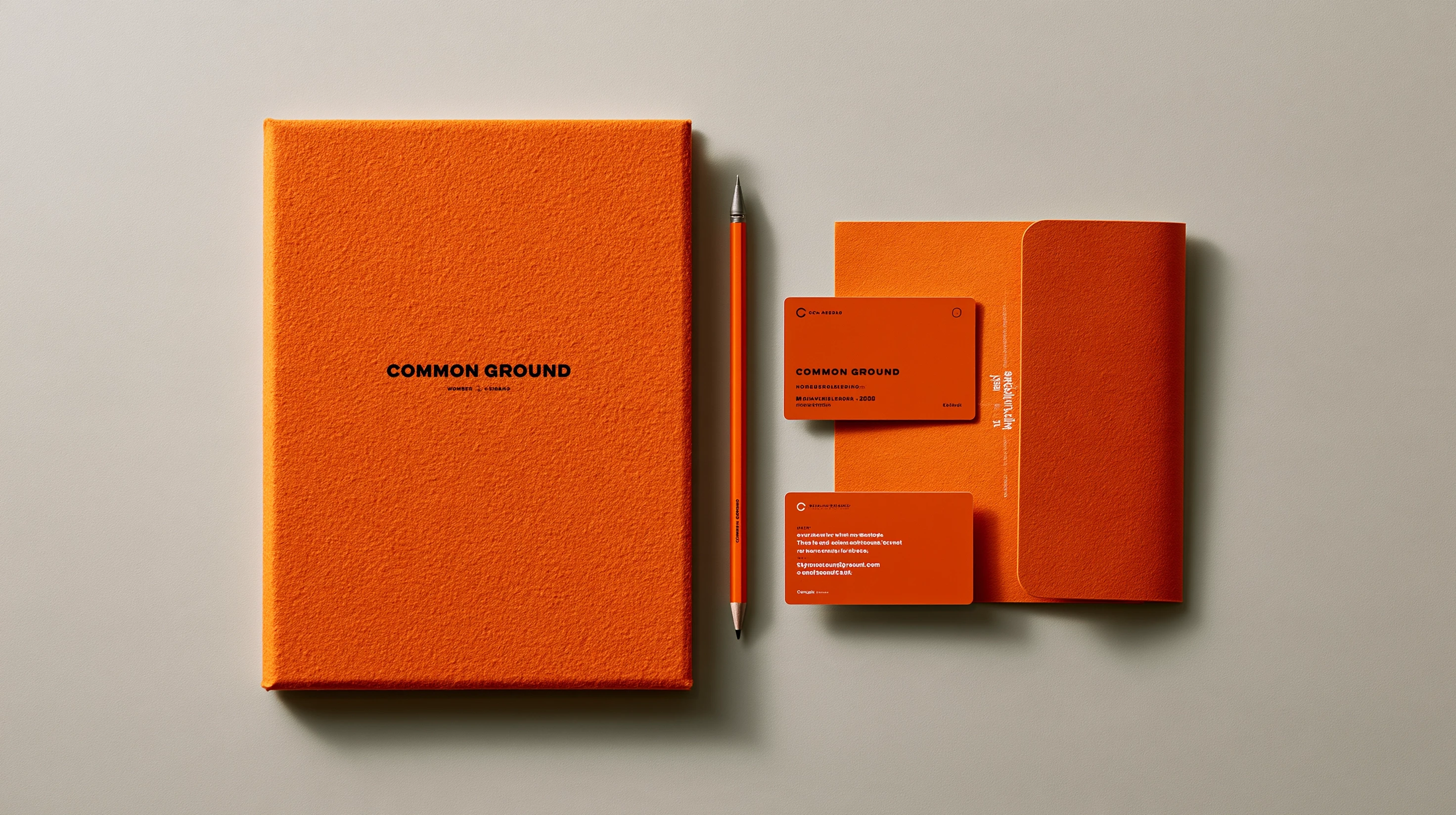 Orange Common Ground stationery set with a notebook, pencil, folder, and business cards on a pale surface.