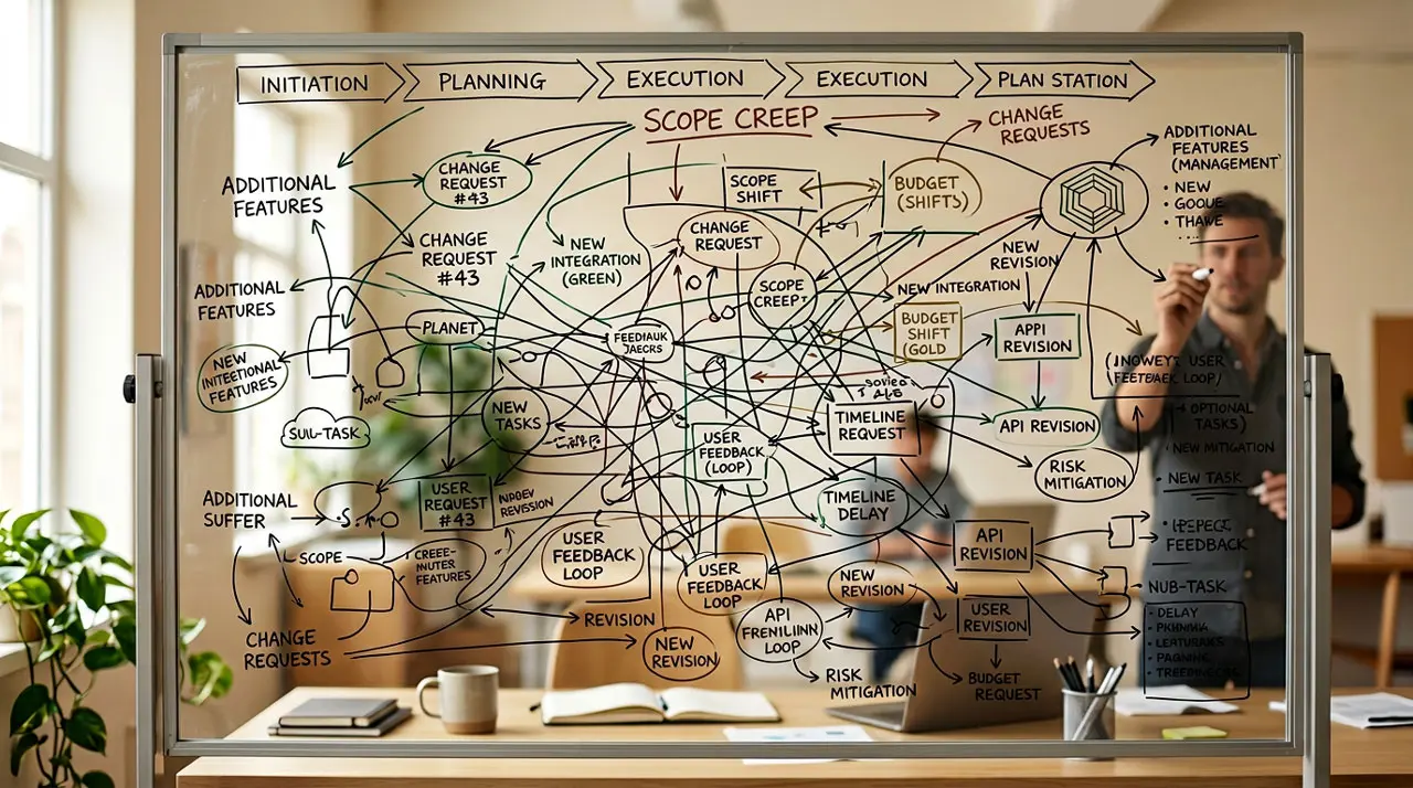 Tablero de planificación que muestra cómo un proyecto se vuelve más complejo por la acumulación de cambios no controlados.