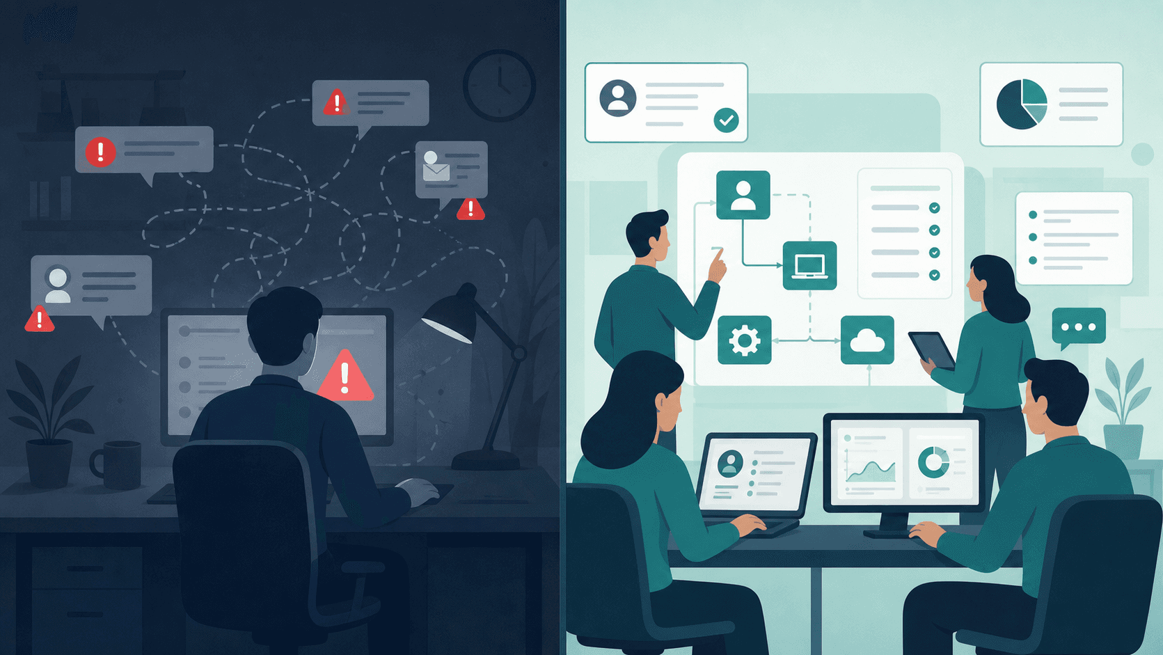 A split-screen conceptual illustration showing two distinct IT support environments side by side. On the left, a single technician at a desk reactively responding to a flashing alert icon, representing a break-fix help desk model. On the right, a coordinated team of IT professionals managing multiple interconnected workflows — provisioning, onboarding, communication threads, and system dashboards — representing a full-service IT service desk. Clean, modern flat-design aesthetic with cool blue and teal tones, no human faces shown, abstract and professional.