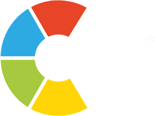 Colorful circular logo with white text.