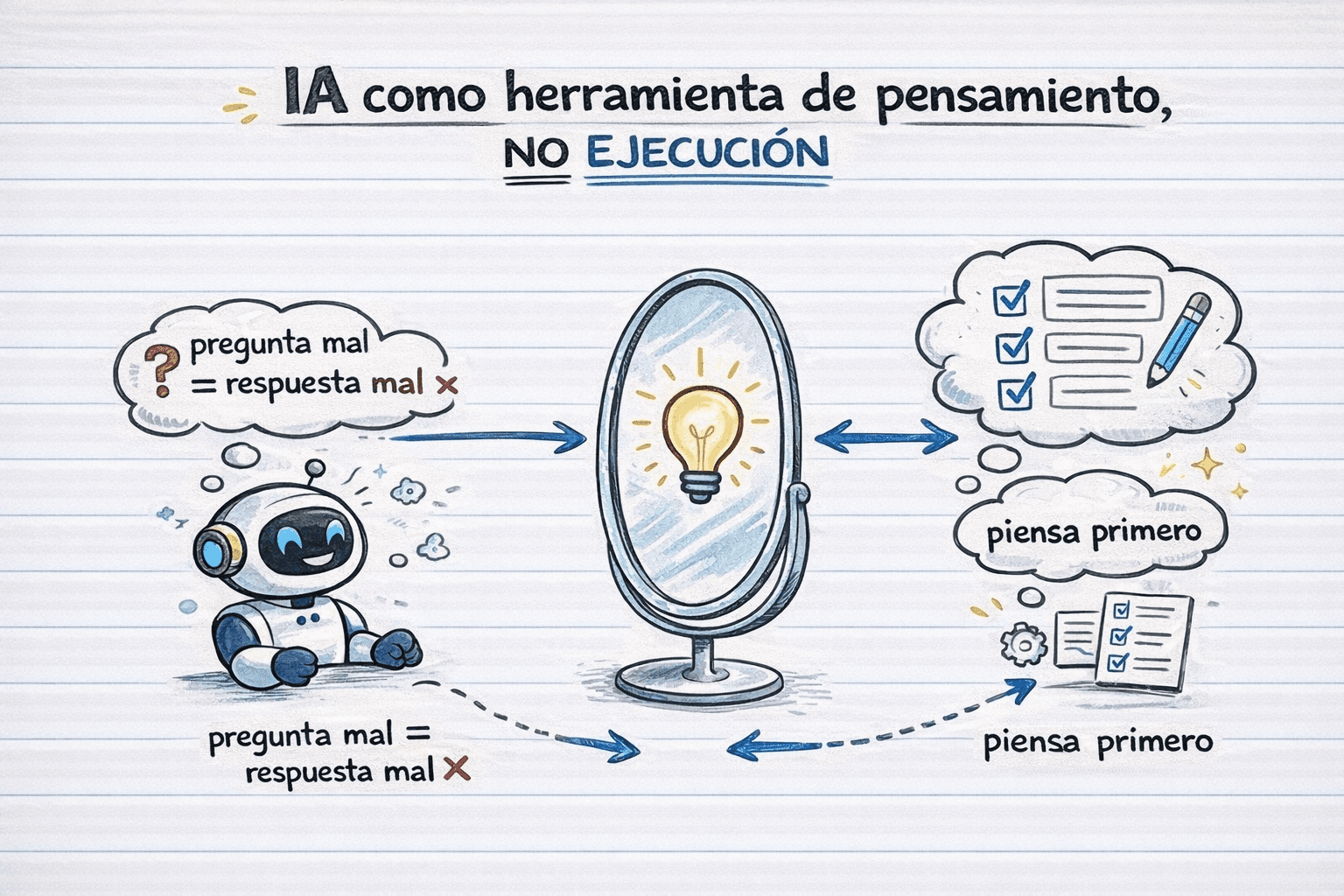 Doodle de espejo reflejando idea con burbujas de pensamiento, flechas azul rey y líneas de cuaderno.