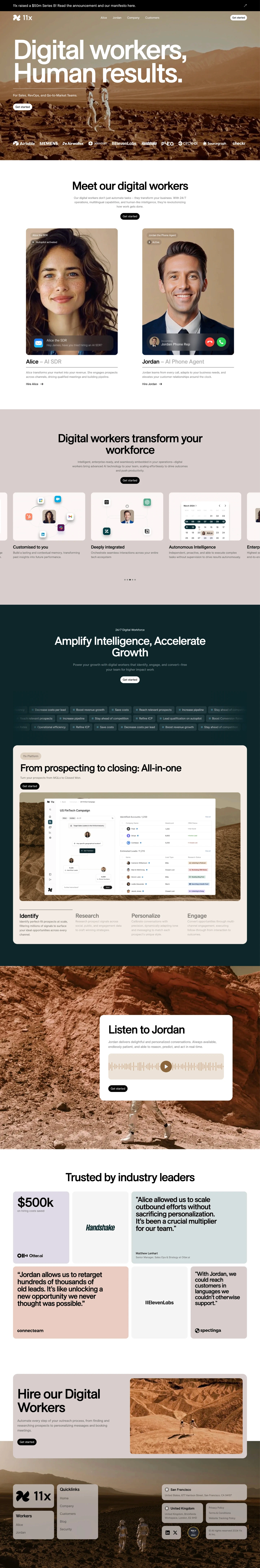 11x AI landing page screenshot showcasing Tech design