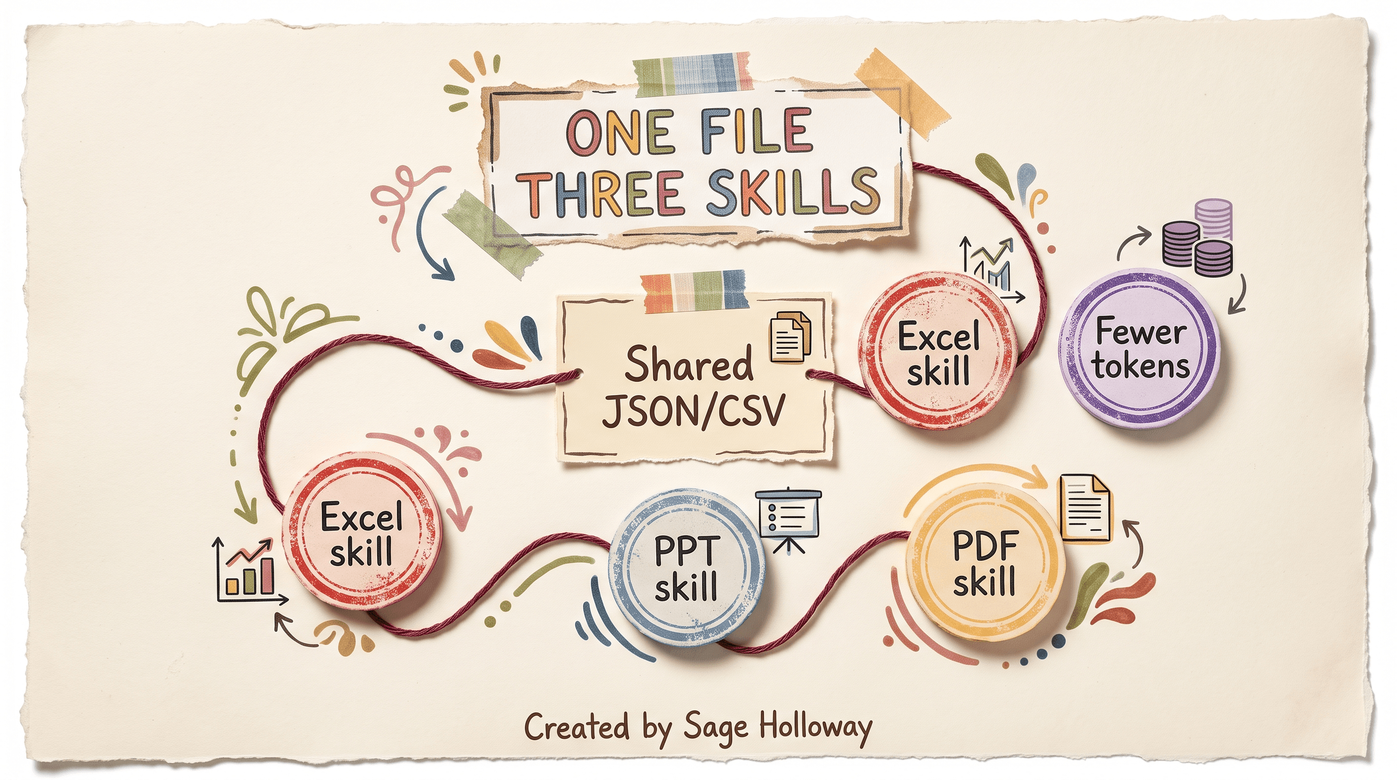 Scrapbook diagram of a shared data file feeding Excel, PowerPoint, and PDF finance skills in sequence