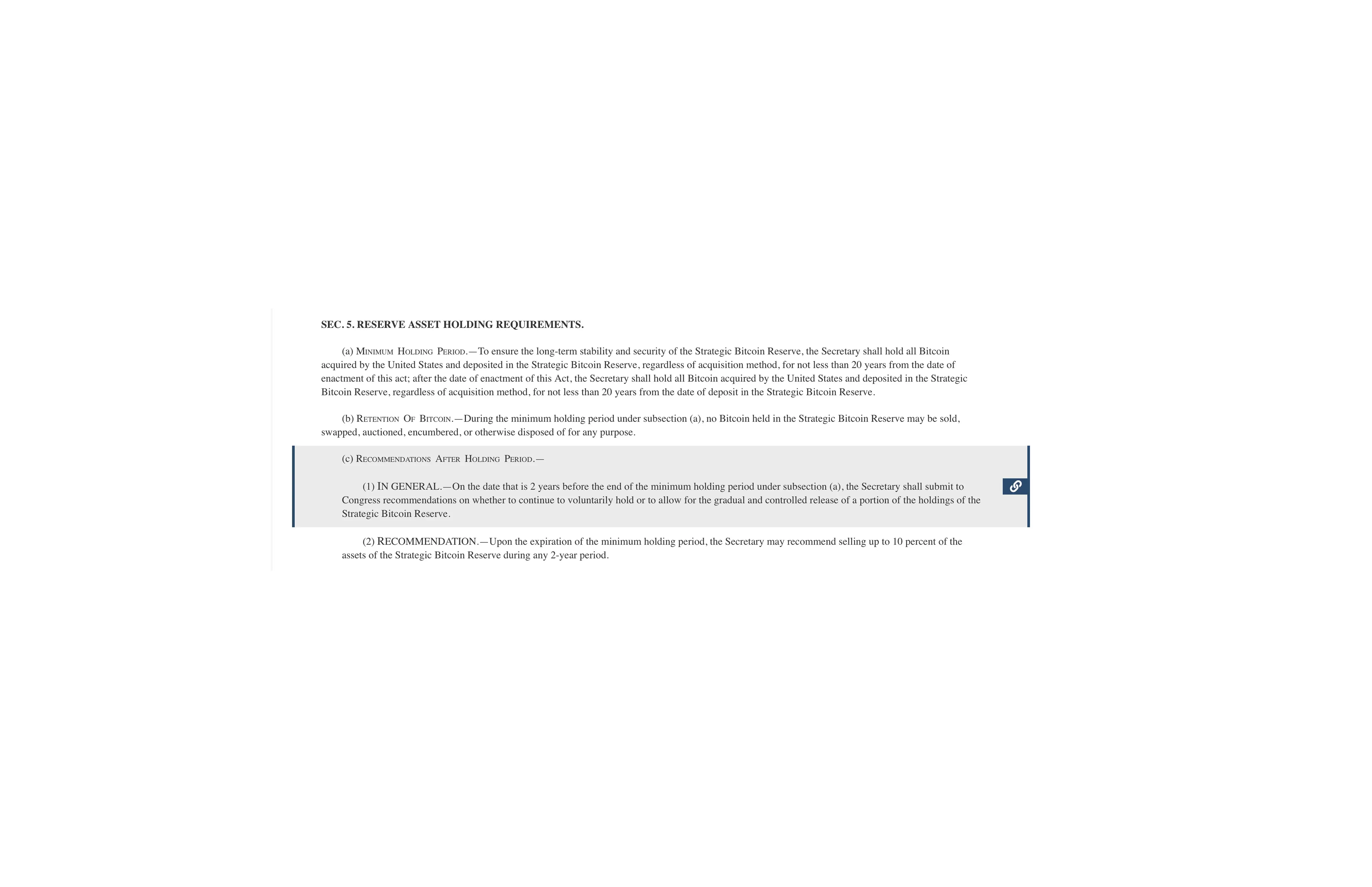 Screenshot of H.R. 8957 Section 5 as introduced in May 2026, including a two-part holding-period clause later simplified to a single enactment-based clock in the September 2026 committee substitute.