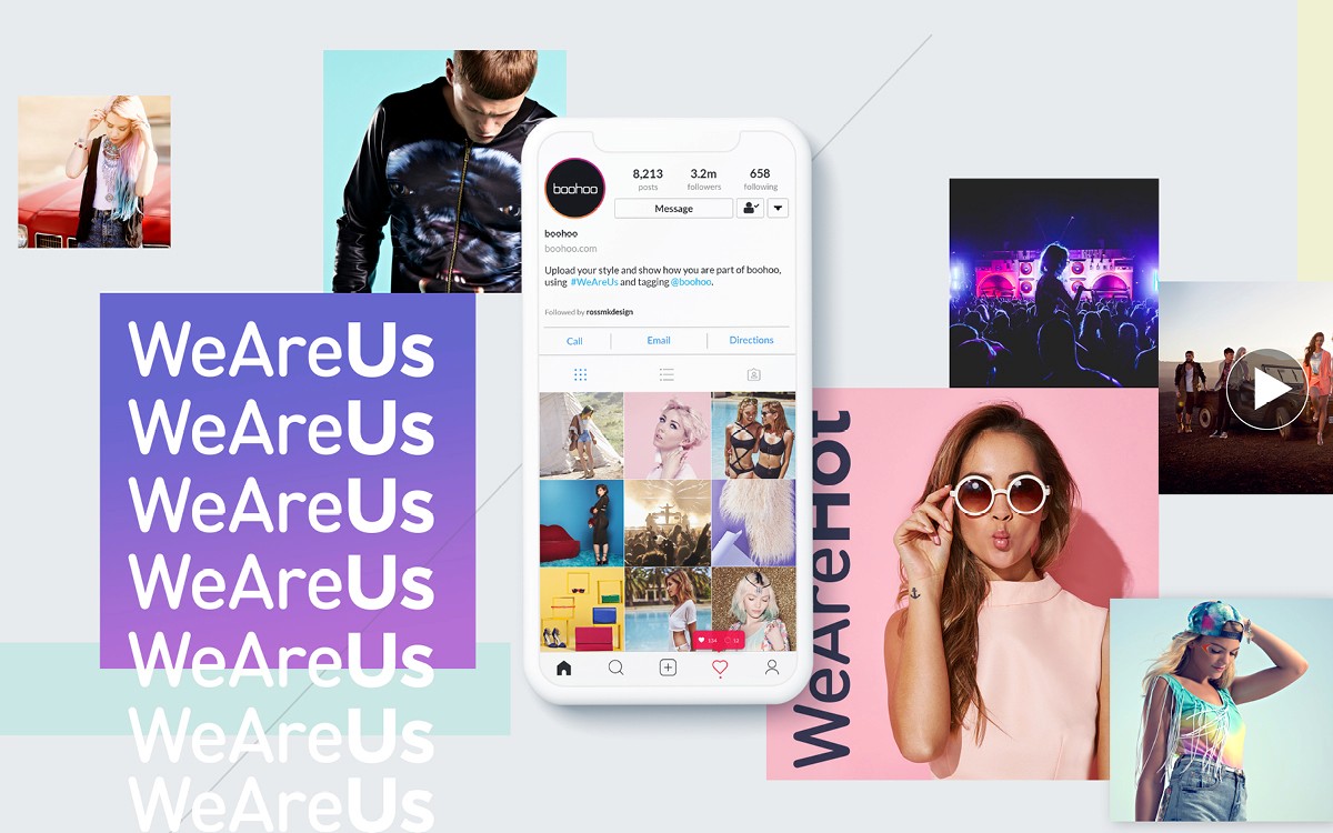 Social media on a phone screen which is surrounded by brand imagery