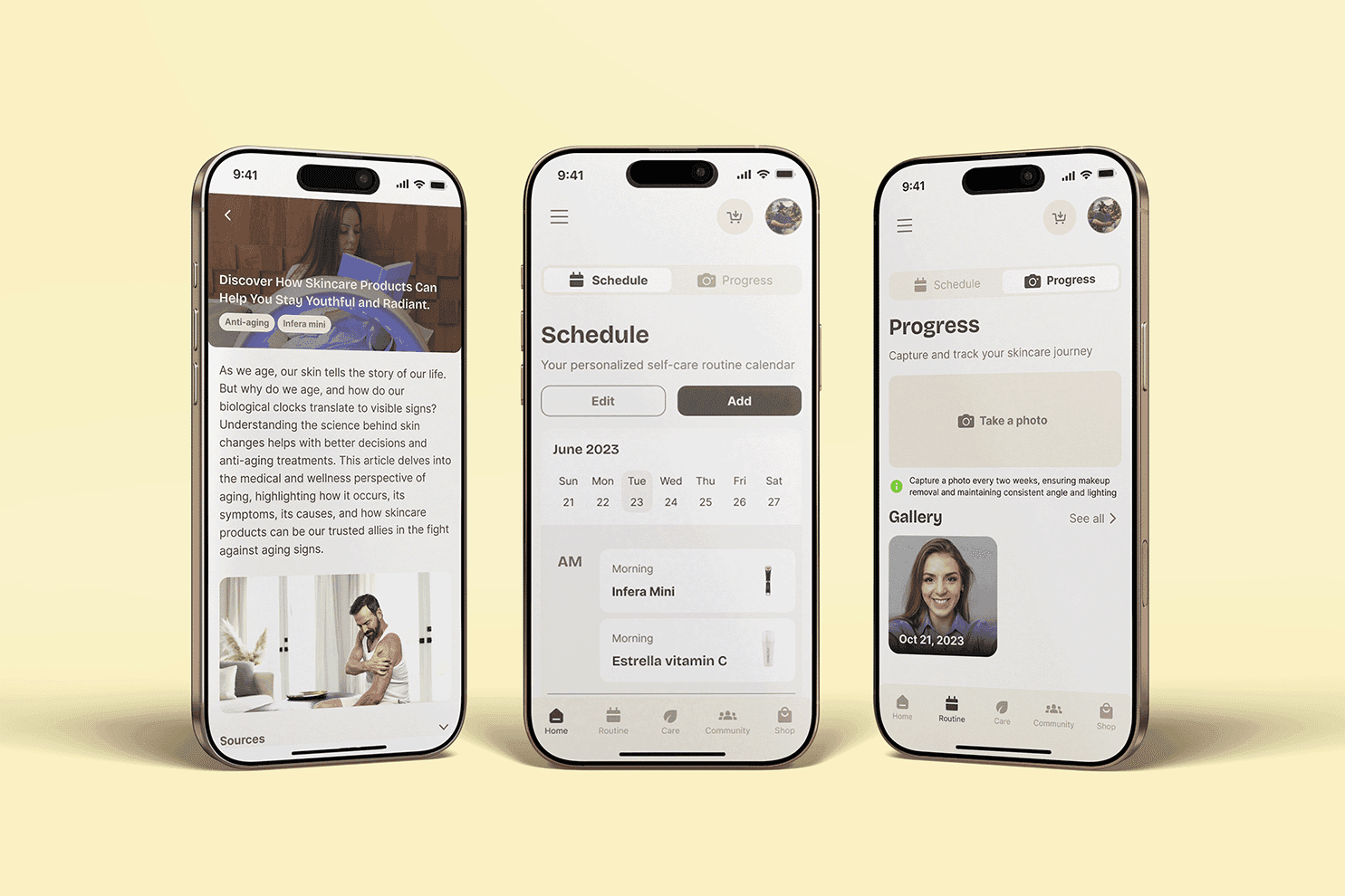 Infera mobile app UX UI design featuring educational content, routine scheduling, and progress tracking screens.