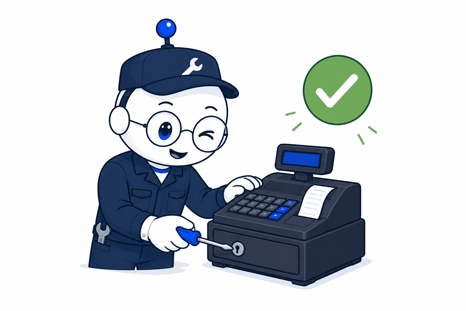 Księgobot wykonujący przegląd techniczny kasy fiskalnej.