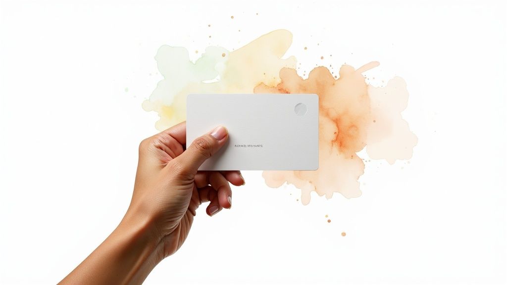 Close-up of a hand holding a white card against a colorful watercolor splash background.