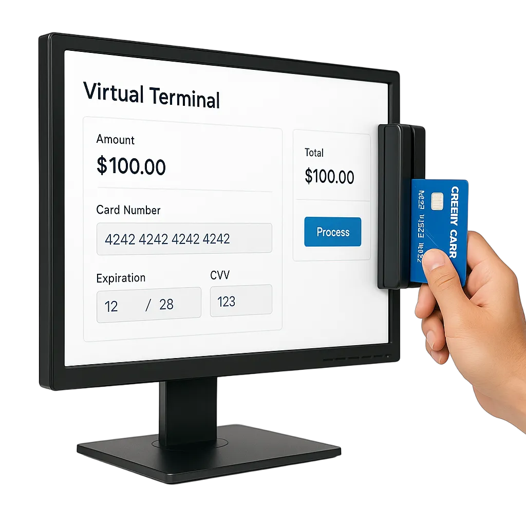 A monitor showing a virtual terminal dashboard and a customer swiping a credit card on the terminal