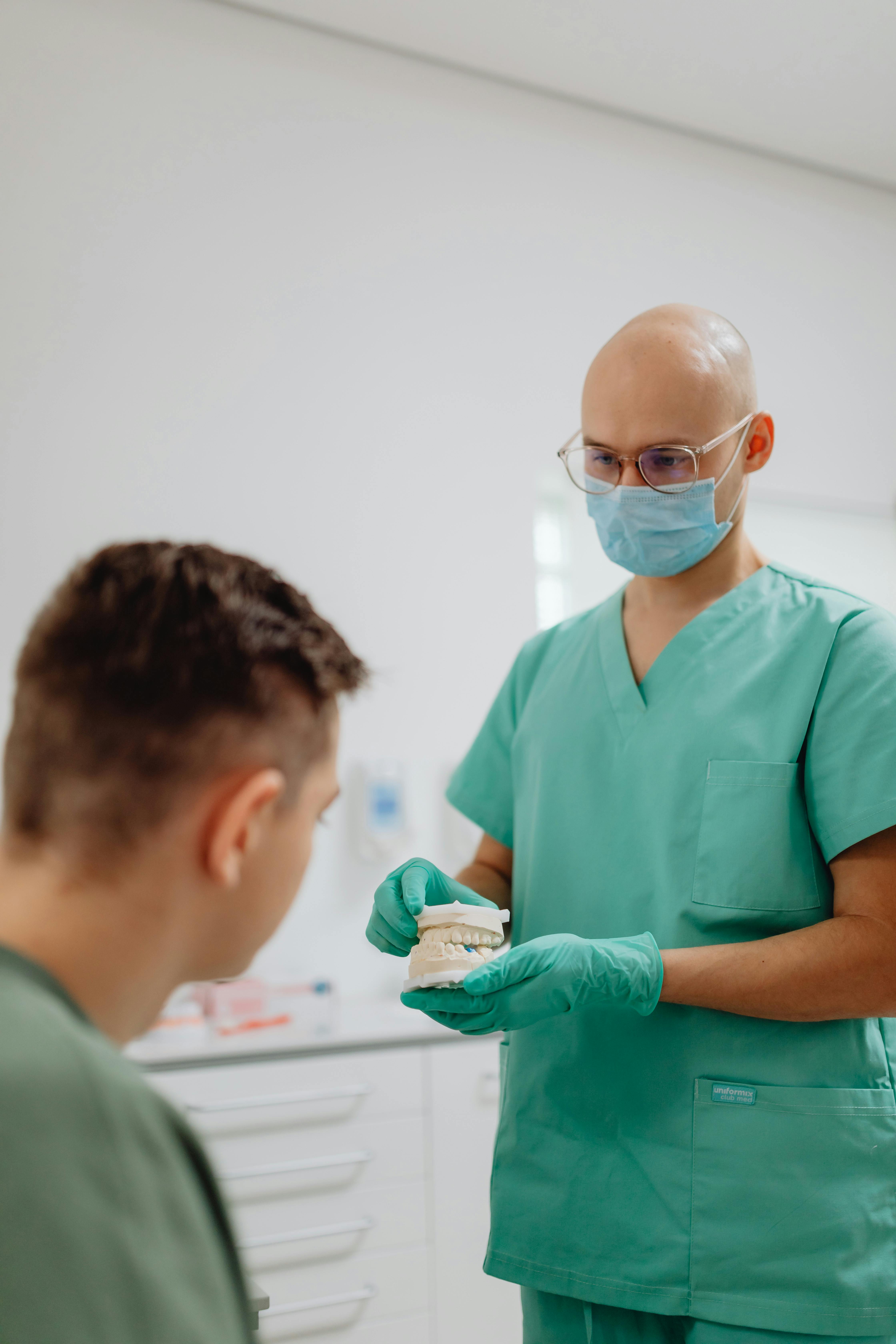 Dental staff showing patient a model of teeth in dentist office