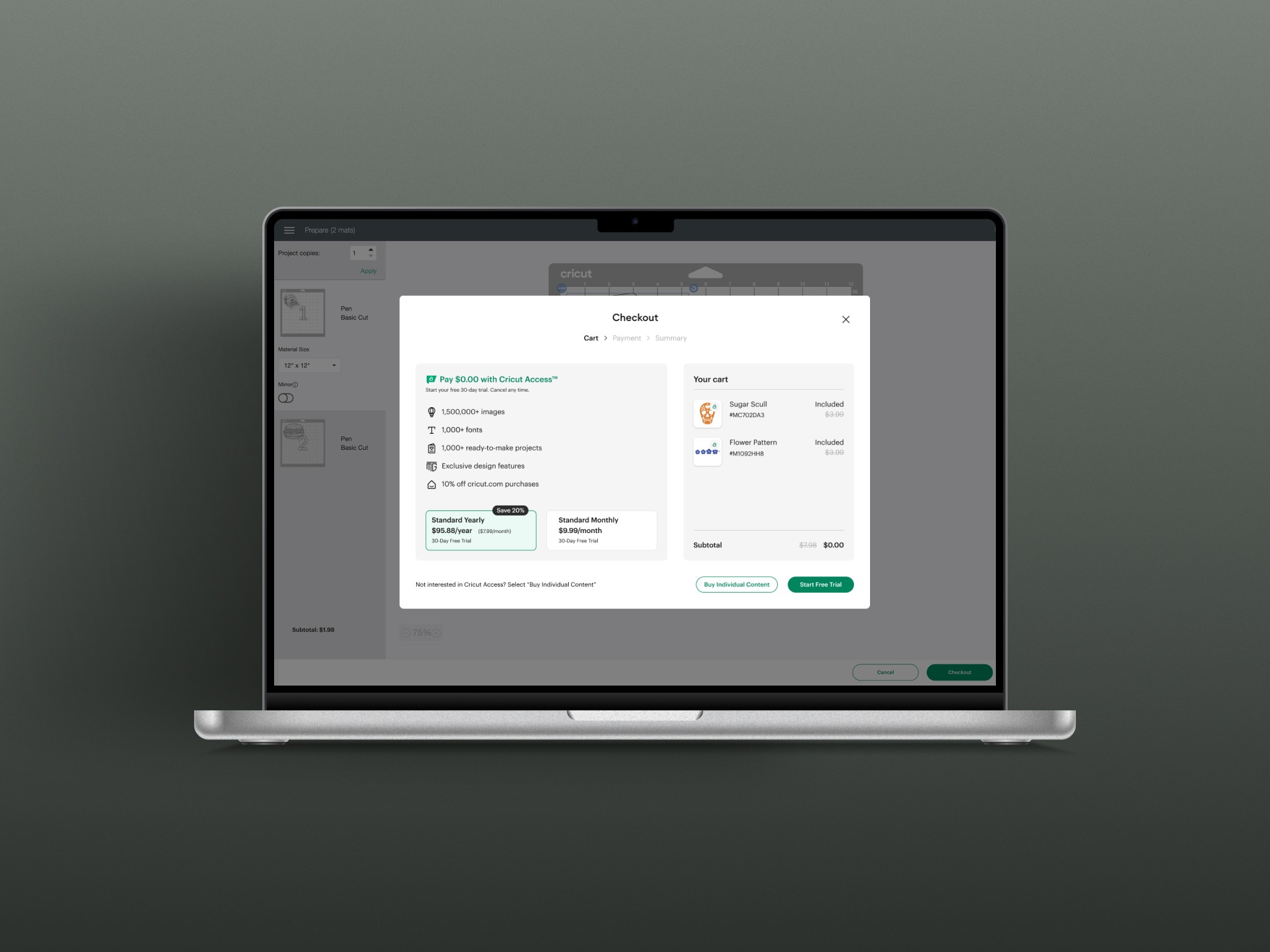 Implemented a new checkout flow that surfaces subscription plan comparisons when purchasing content in Design Space, helping to increase conversion rates to already high-performing ads