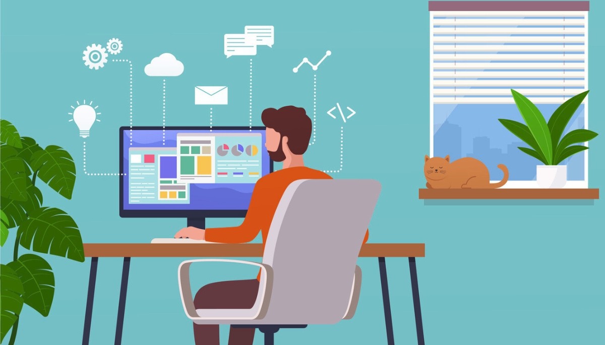 Illustration of engineer working remotely at home desk with charts, coding icons, and cloud tools.