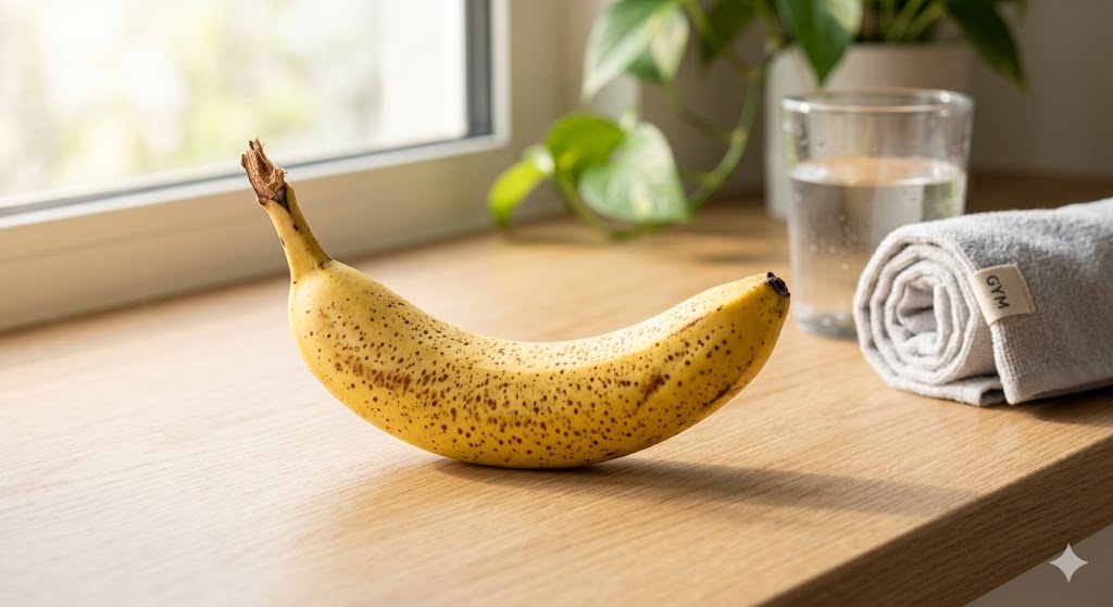A speckled ripe banana, a glass of water, and a rolled-up grey gym towel with a small 'GYM' tag, are arranged on a wooden windowsill. Soft natural light streams from a window with green houseplant leaves in the background.