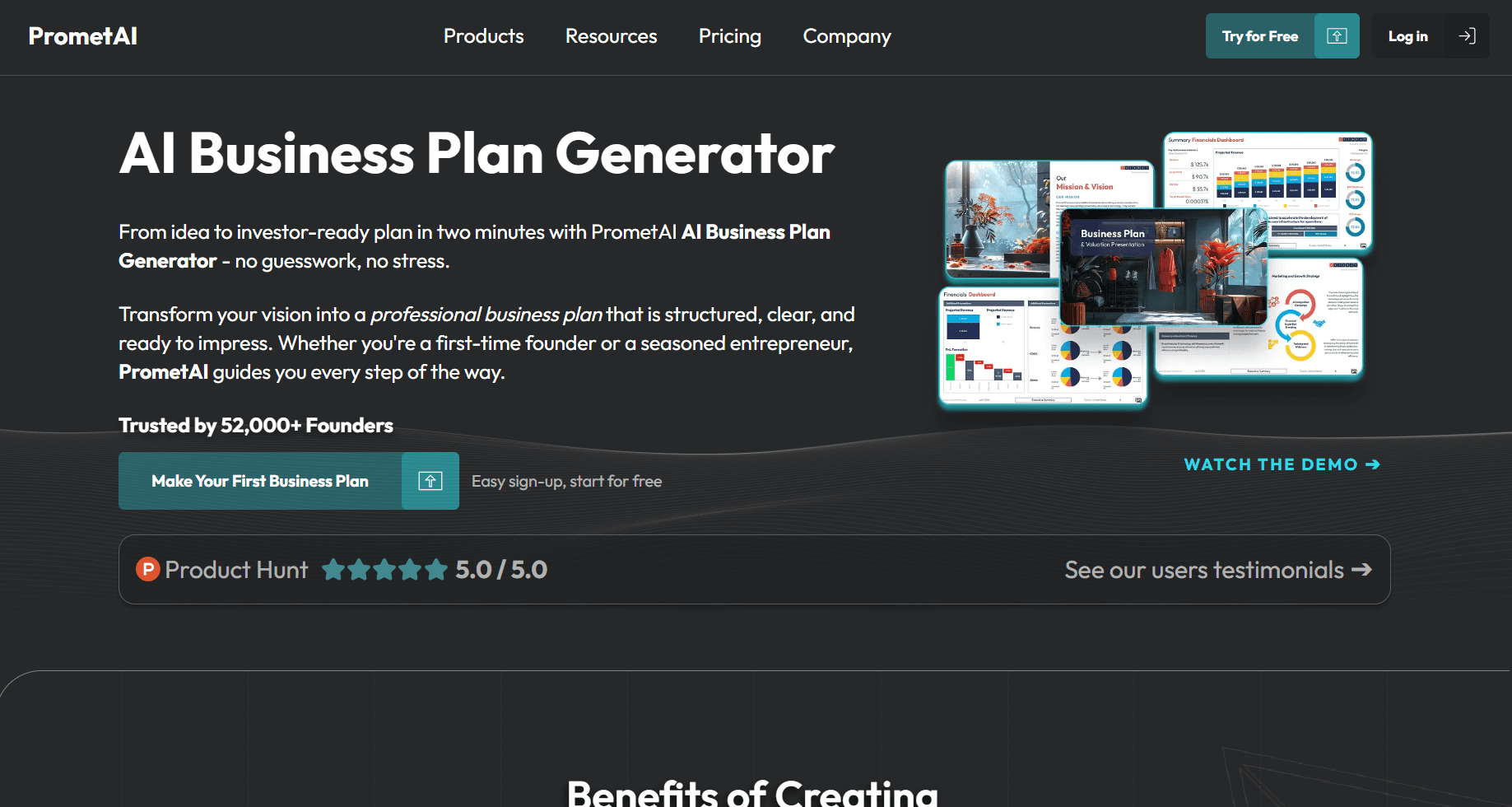 Homepage screenshot of PrometAI featuring the headline “AI Business Plan Generator,” a demo link, user rating, and visual business plan dashboard previews.
