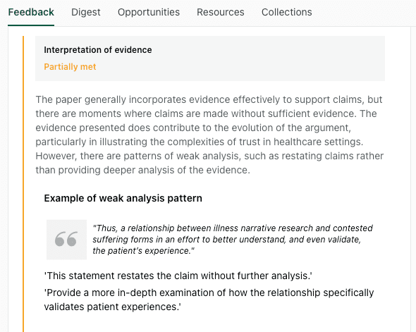 thesify interpretation of evidence feedback highlighting weak analysis patterns with improvement suggestions