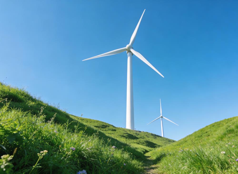 Wind turbines stand tall against a clear blue sky, surrounded by lush green hills. The scene conveys serenity and sustainable energy.