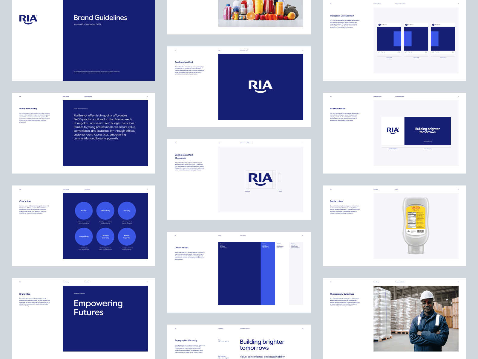 Overview of RIA brand guidelines with logo usage, color palette, and tone principles.