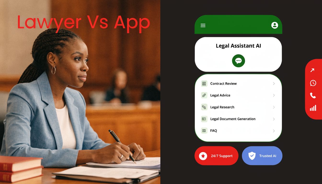 A split image contrasting a professional lawyer at a desk with a modern mobile legal AI application.