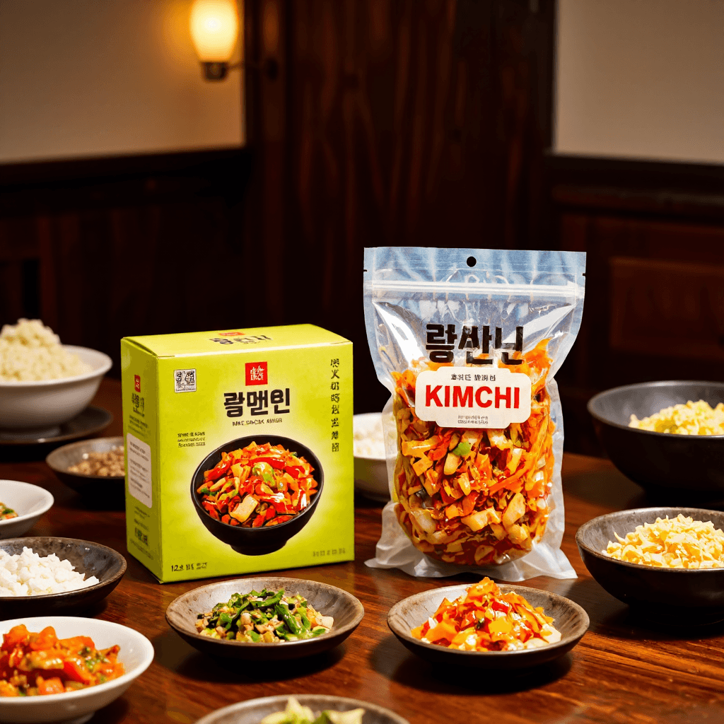 product photography of box of kimchi and a bag of kimchi, used as a side dish