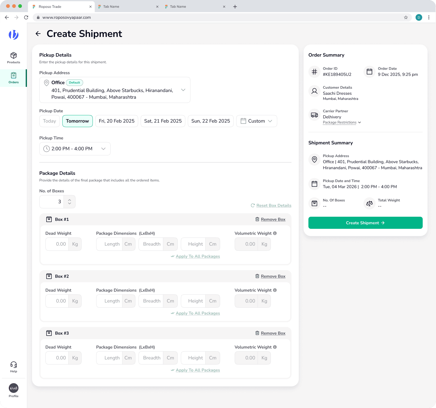 Pickup scheduling, package dimensions, and multi-box shipment creation — all in one flow before dispatch.