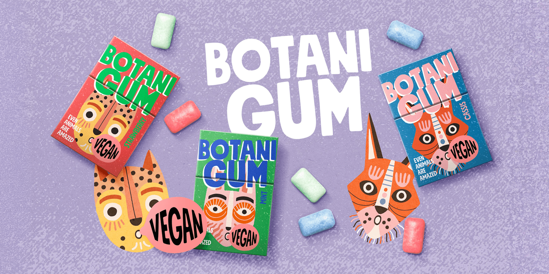 Markenwelt Botani Gum – vegane Kaugummi-Packungen mit Tier-Illustrationen wie Leopard und Fuchs, in Pastellblau und Rot, mit „Vegan"-Sprechblase.