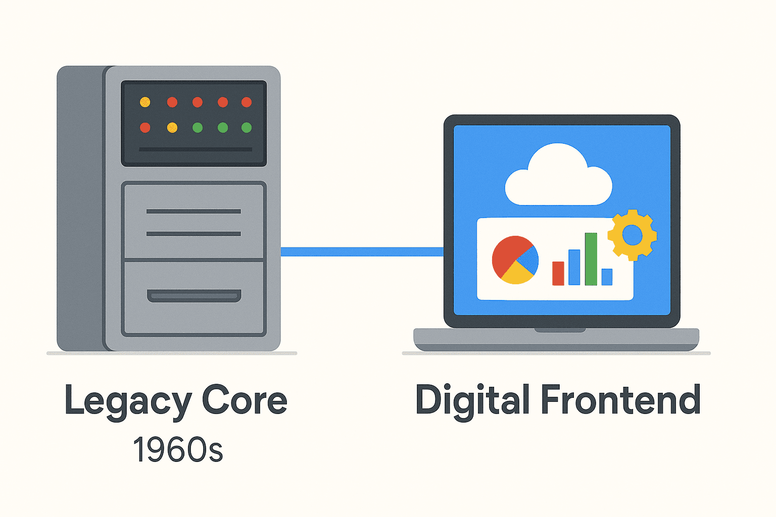 Timeline showing evolution from 1960s legacy core to modern digital cloud frontend.