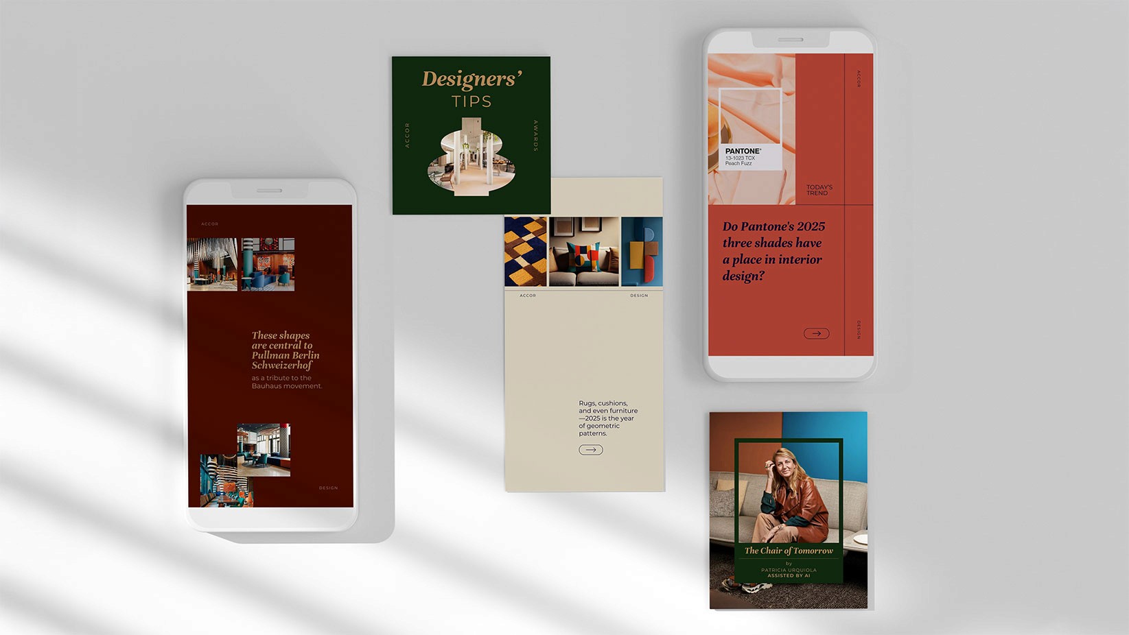Direction artistique et design de contenus Instagram pour Accor Design : maquettes de stories et posts sur smartphones avec visuels éditoriaux sur l’architecture intérieure