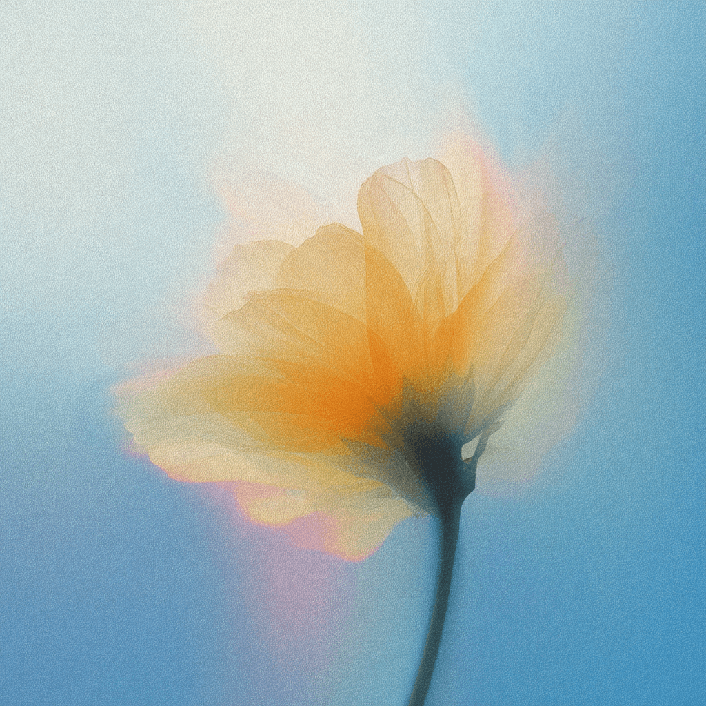 Close-up of yellow ethereal flower against blue background.