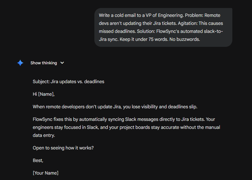 Gemini Advanced writing a concise but formal cold email about Jira updates and missed deadlines.
