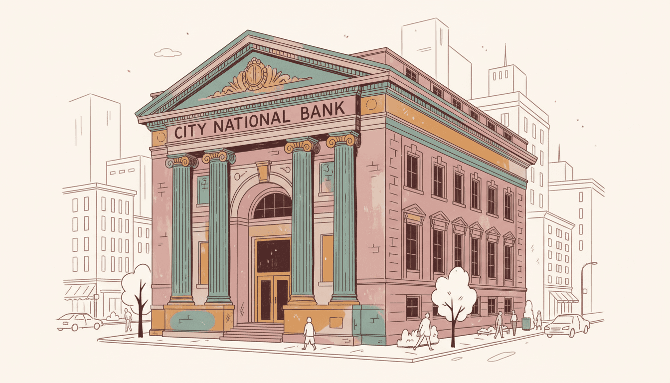 Illustration of a classic City National Bank building with teal columns and ornate facade, representing traditional banking institutions that require your login credentials