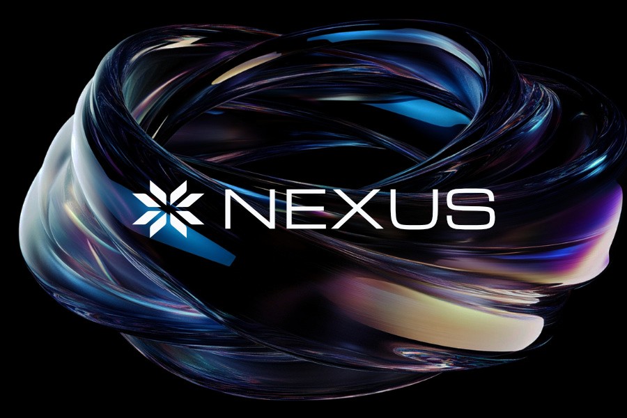 Fictional Nexus brand logo over abstract iridescent glass torus on black background