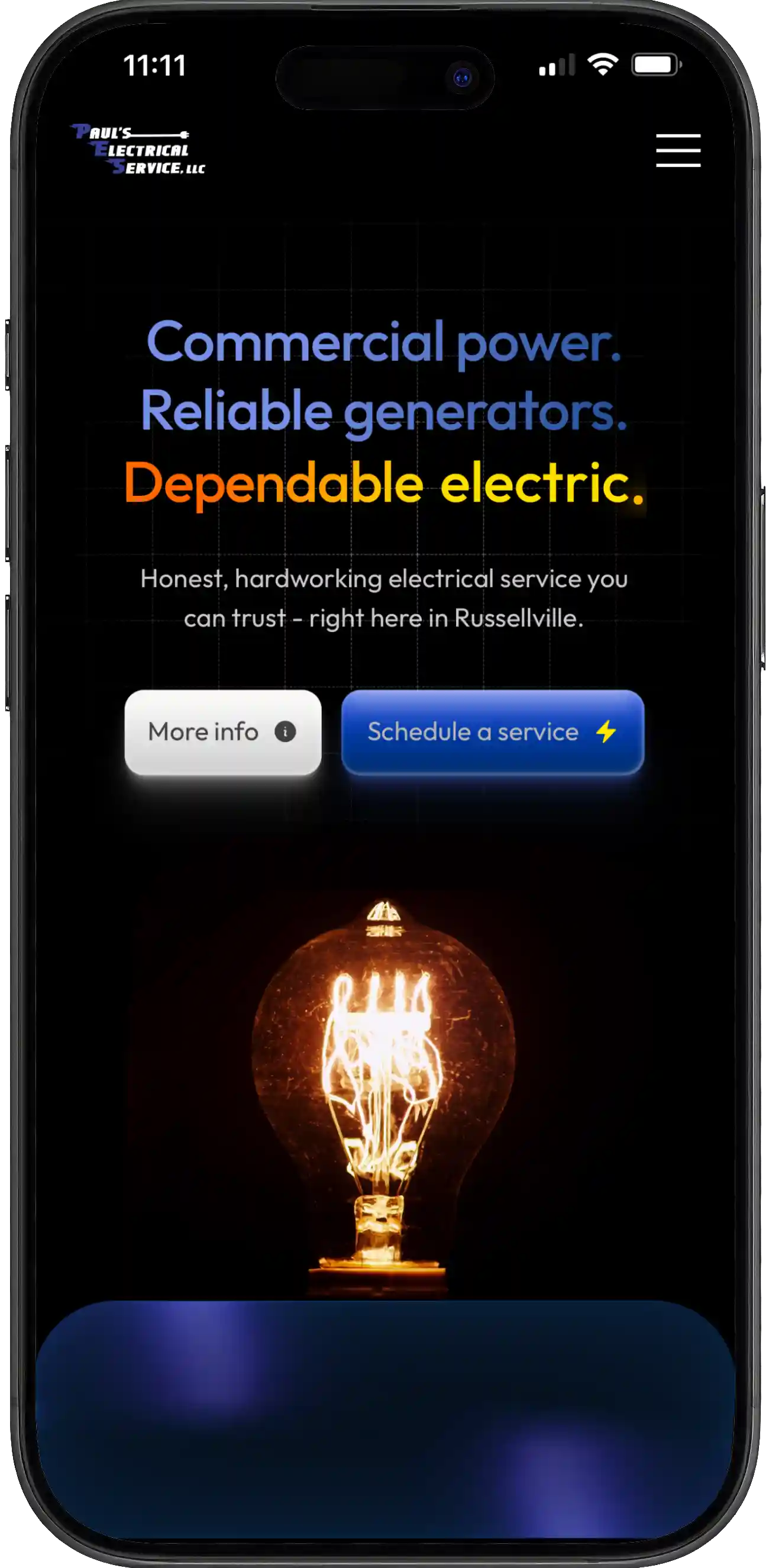 iPhone mockup for electrician website – Paul’s Electrical Service in Russellville KY – clean, responsive design for local service providers