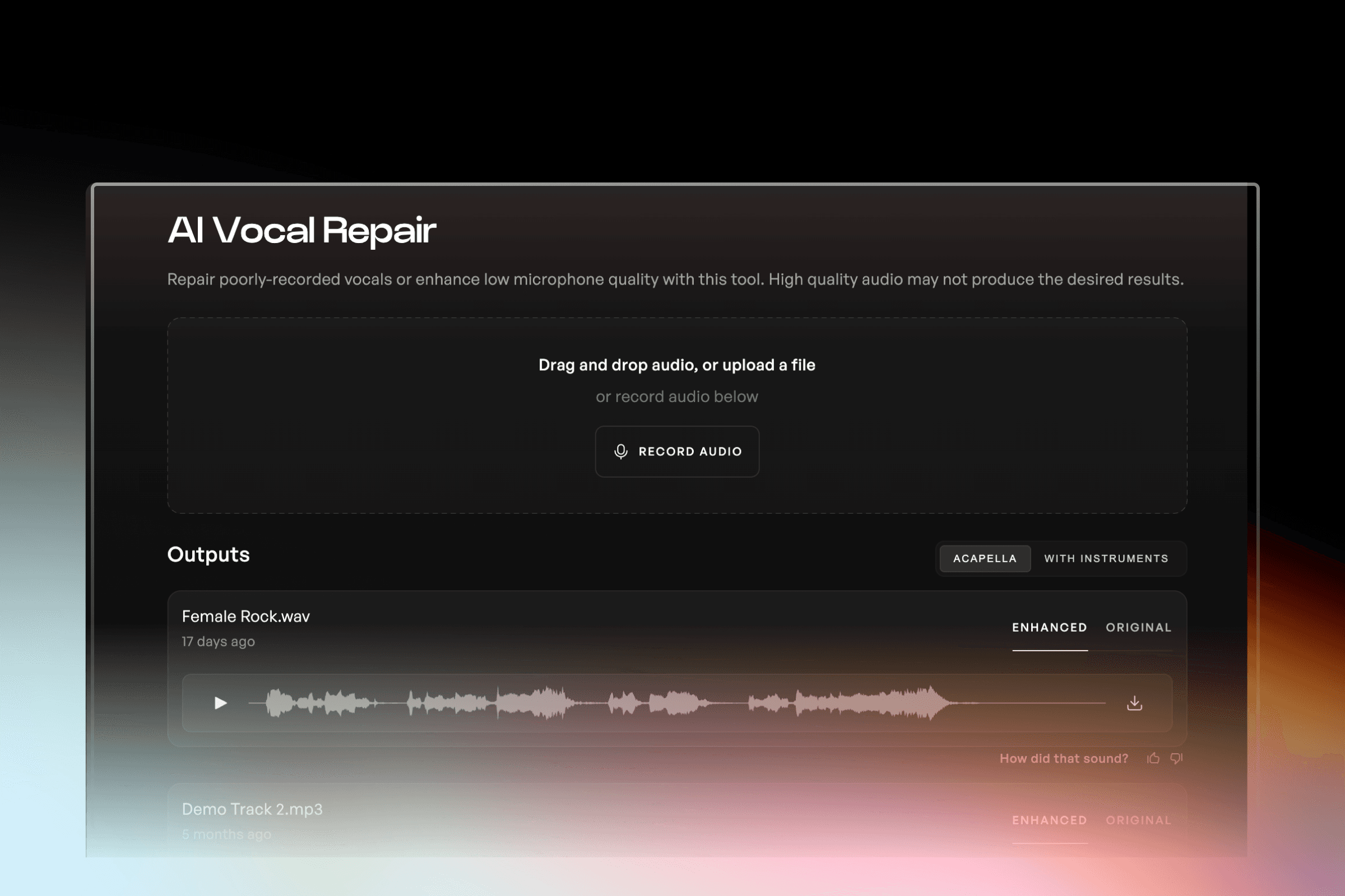 Layout of the Kits AI Vocal Repair tool