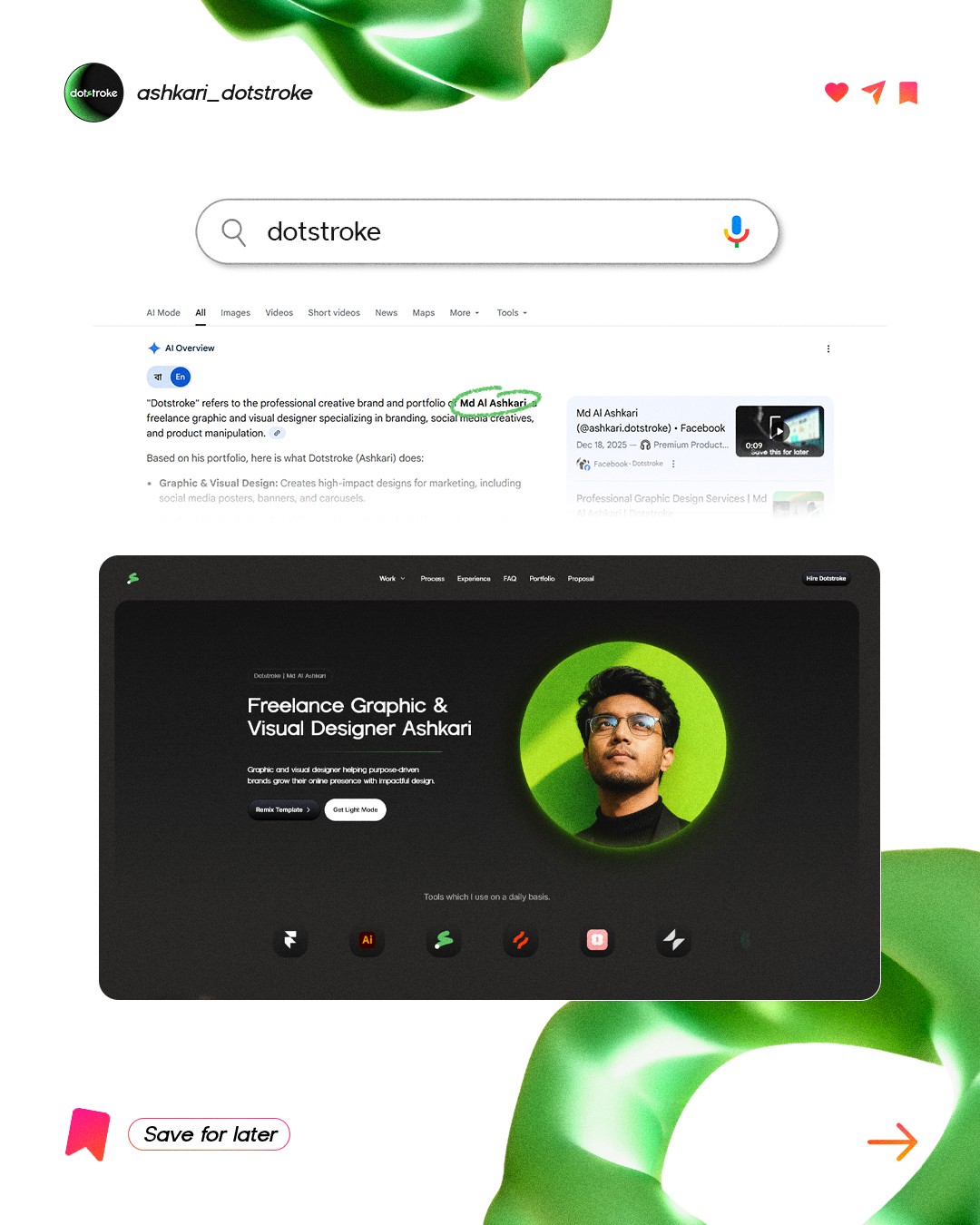 Dotstroke personal branding carousel slide showing website portfolio mockup with green branding elements and designer profile, illustrating professional brand identity for graphic designers by Al Ashkari