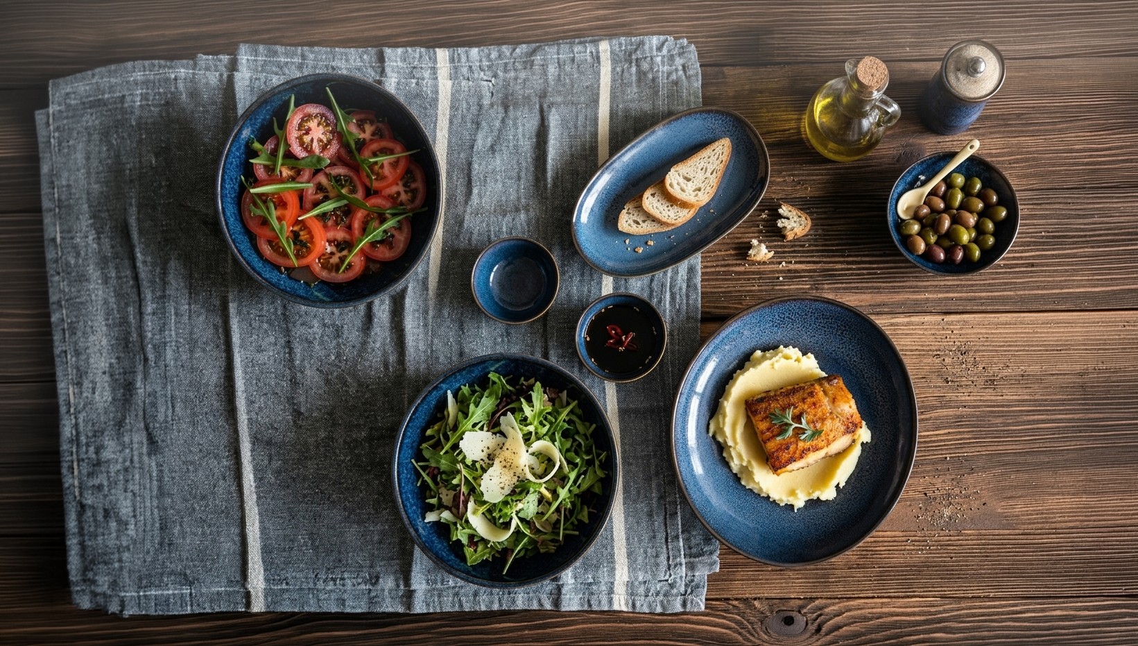 Vue du dessus d'une table en bois dressée avec une collection de céramiques bleu nuit à émaillage réactif, garnis de salade de tomates, roquette, poisson grillé et purée, avec pain, olives et huile d'olive