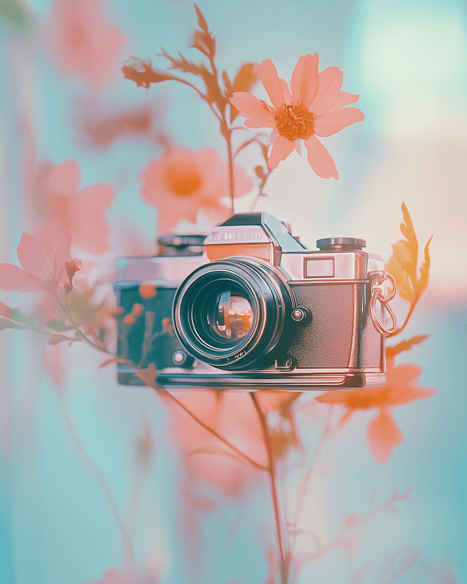 Vintage camera surrounded by soft pink cosmos flowers in dreamy pastel light.