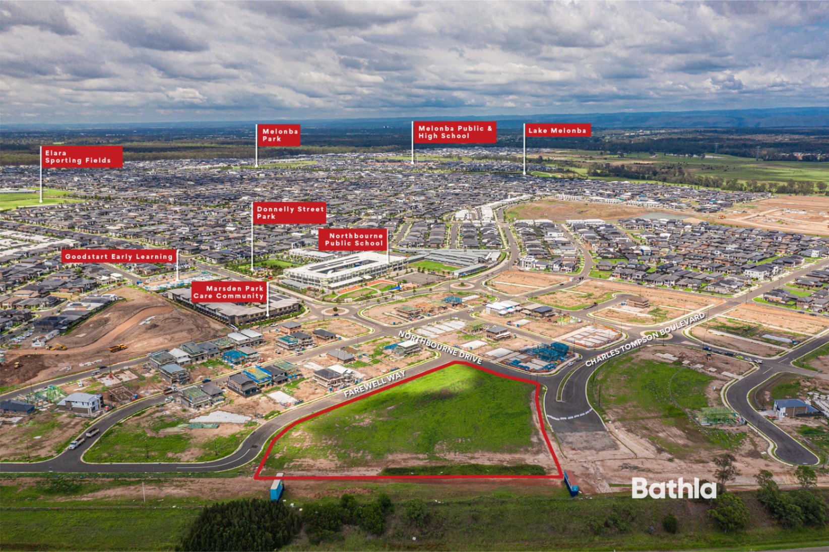 Aerial view of Marsden Park highlighting Farewell Way townhouse site surrounded by schools, parks, and residential developments in a high-growth area